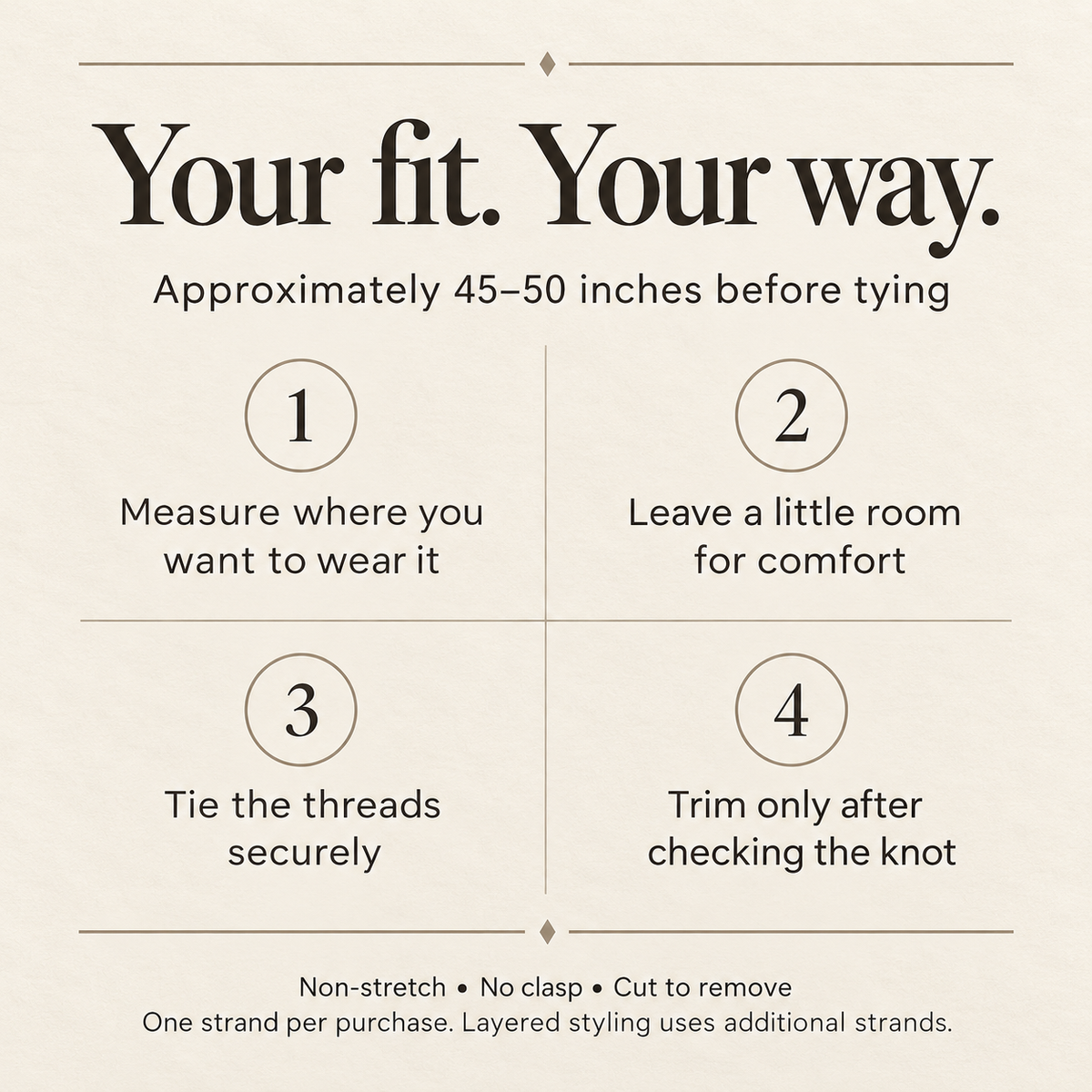 Waist bead fit guide: approximately 45–50 inches before tying, non-stretch, no clasp, one strand per purchase.